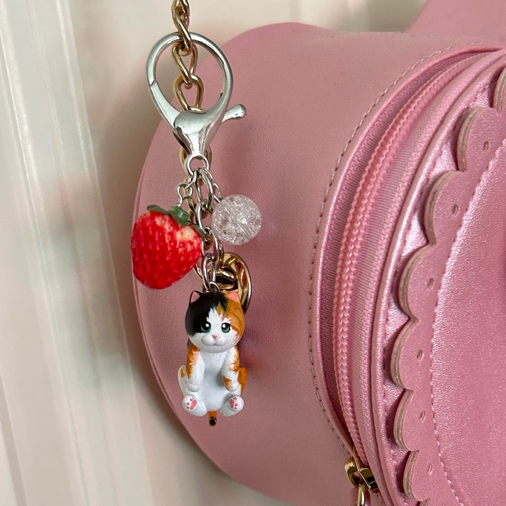 Cute calico cat strawberry keychain